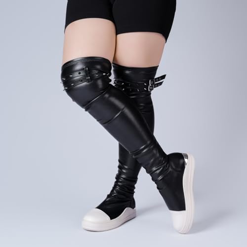 Knee High Boots for Women Goth Platform PU Leather Round Toe Comfortable Tall Booties2