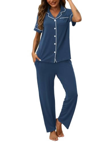 Image of HNG Women Pajamas Set 2 Piece Button Up Pajamas Pant and Short Sleeve Shirt for Woman Pj Sets with Pocket