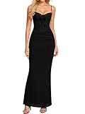 KUTUMAI Vintage Lace Corset Floral Maxi Long Dress Bodycon Ruched Tie Formal Wedding Guest Dresses for Women Elegant Black XL