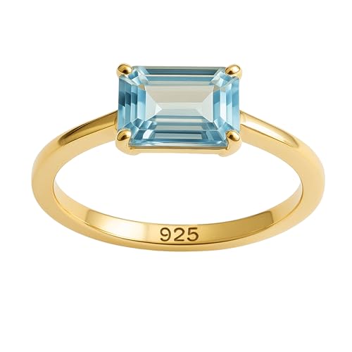 Bague en argent sterling plaqué or avec topaze bleue taille émeraude 6x8 mm - Bijou raffiné femme (US Size 6 / Diameter 16.5)