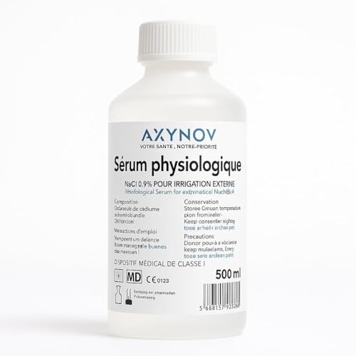 NaCl 0,9% Suero fisiológico – Solución salina fisiológica isotónica, para lavado nasal bebé y adulto, limpieza de nariz y heridas para irrigador nasal -Suero fisiológico en botella AXYNOV (500 ml)