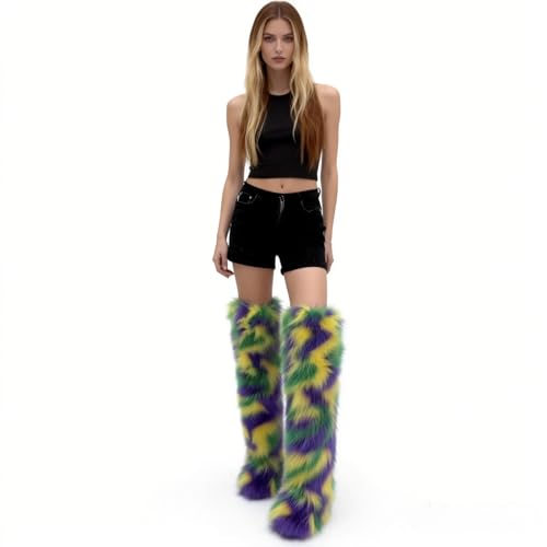 Image of Black Thigh High Fur Boots, Over the Knee Fluffy High Boots, Tall Furry shoes for Women