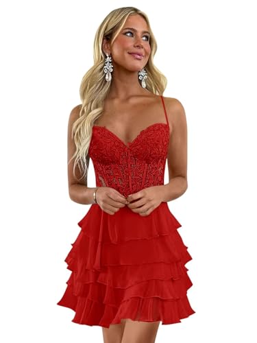 Cudiew Chiffon Homecoming Dresses with Lace Applique Corset Short Tiered Prom Dress for Teens Mini Formal Cocktail Gown