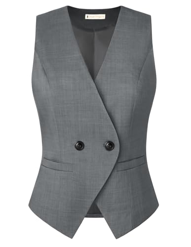 Belle Poque Graue Weste Damen Lässige Elegante Anzugweste V-Ausschnitt Knopfleiste Weste Blazer mit Taschen Dunkelgrau L