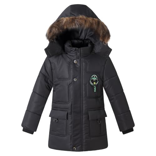 Boy Winter Fleece Coat Puffer Jacket with Faux Fur Hood Long Outwear Kid Clothes