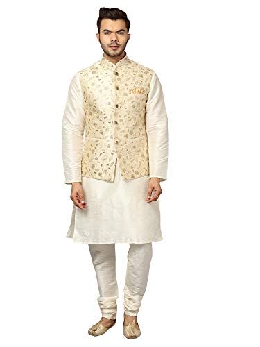 Image of Uri and MacKenzie Men's Silk Blend Regular Kurta Churidar Pyjama with Bundi Nehru Jacket /Waistcoat