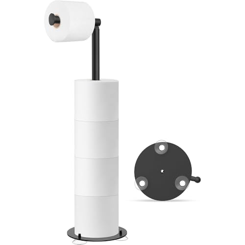 Free Standing Toilet Paper Holder with Suction Cup Base, Matte Black Stainless Steel Toilet Roll Holder for Bathroom Storage, Holds 5 Rolls, Rustproof Standing Tissue Holder, No Drilling