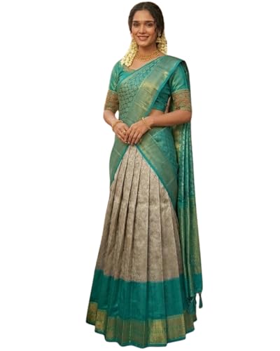 Image of Women's Jacquard Semi-Stitched Lehenga Choli Set with Dupatta (Cream-Firozi) Traditional Indian Wedding Lehenga Saree Style Ethnic Bridal, Mehendi & Festive Outfit for Women & Girls