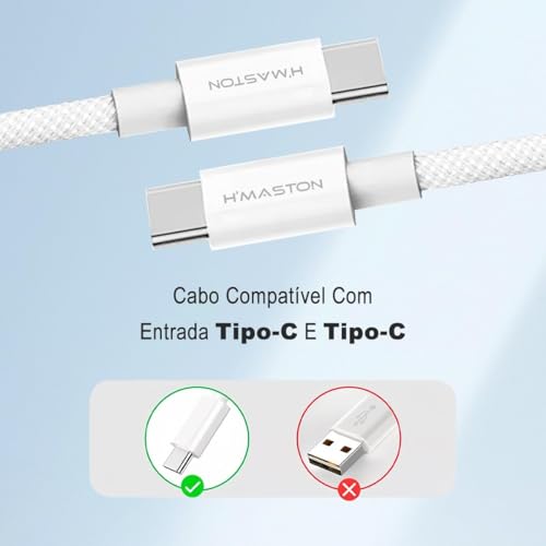 Cabo USB-C em nylon 2m Branco - 60W - Carregamento Rápido e Transmissão de Dados