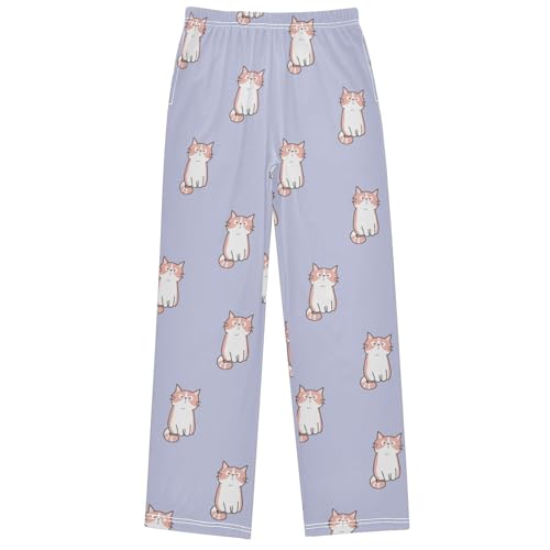 Boy's Pj Pants Cartoon Curious Cat Blue Violet Lounge Bottoms Elastic Waist Kids Joggers with Pockets Size 6-14