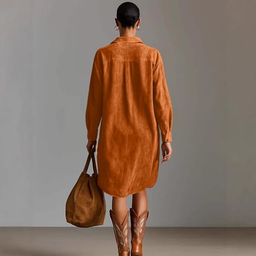 Image of Womens Faux Suede Western Vintage Midi Dress, Long Sleeve Lapel Deep V Neck Fall Winter Velvet Retro Style Dress
