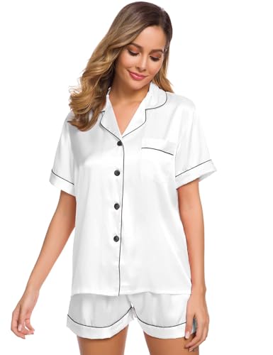 Image of SWOMOG Womens Silk Satin Pajamas Set Short Sleeve Sleepwear Button Down Top and Shorts Loungewear 2 Piece Pjs Set XS-3XL