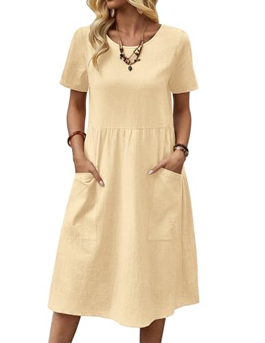Zeagoo Damen Kleider Kurzarm Baumwolle Leinen Sommerkleid Kurzarm Tunika Kleid Freizeitkleid Beige S