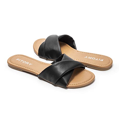 Image of FITORY Women's Flat Sandals Fashion Slides With Soft Leather Slippers for Summer Size 6-11