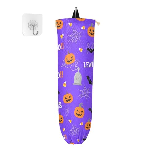 Halloween Spooky Boo Pumpkins Purple Reusable Plastic Bag Holder for Kitchen Wall Mount Grocery Bag Organizer Dispenser with Drawstring Recycling Garbage Storage Bag for Closet Bedroom Home Camper