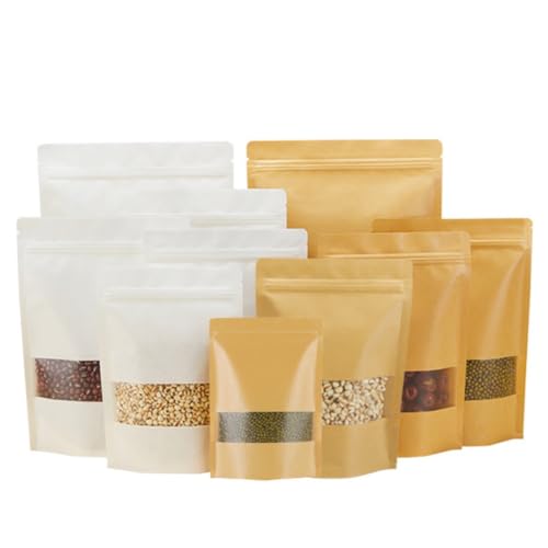 Rhljgbs クラフト紙袋 窓付き チャック付き ジップ袋 コーヒー袋 防水 耐油 お菓子 再封可能 小分け袋 自立チャックジッパー 角底袋 密封ポーチ 防湿 キッチン収納 紙袋 食品用 密閉袋 (100pcs ホワイト,10×15+3cm)