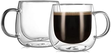 CNGLASS Double Walled Glass Coffee Mugs 10oz,Large Insulated Espresso Cups,Set of 2 Clear Glasses Cappuccino Mug with Handle(Tea Latte Glassware)