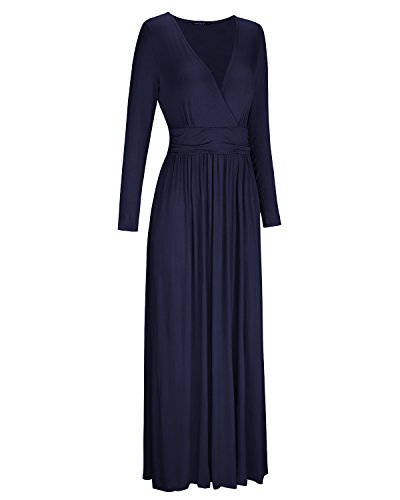 OUGES Womens Long Sleeve V-Neck Wrap Waist Maxi Dress(Navy,L)
