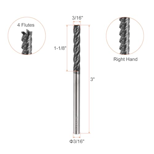 Image of HARFINGTON Carbide Square Nose End Mill Bit 3 /16 inch Cut Dia 4 Flutes TiAlN Coated Milling Cutter for Hardened Steel Metal (3 /16 inch Shank 1-1 /8 inch Cut Length 3 inch Long 30 Degree Helix)