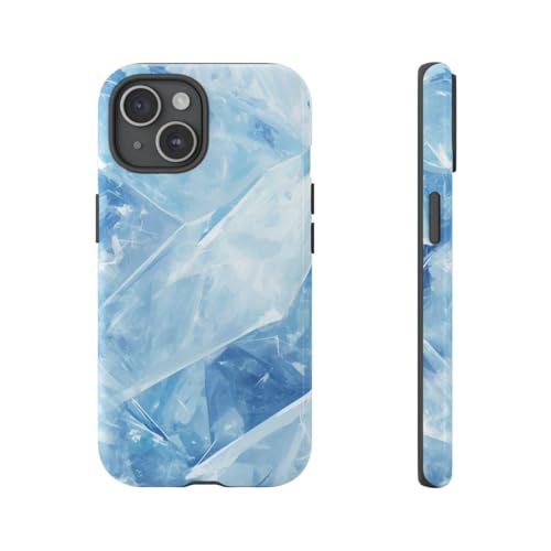 Coque iPhone 15 rigide brillante texture bleu glace chic
