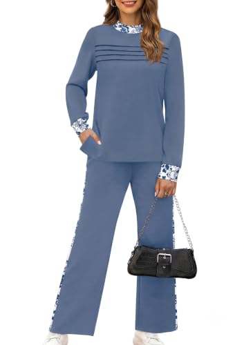 Image of WIHOLL Two Piece Sets for Women Fall Travel Vacation Outfits 2026 Long Sleeve Lounge Sets Side Slit Wide Leg Pants XS-3XL