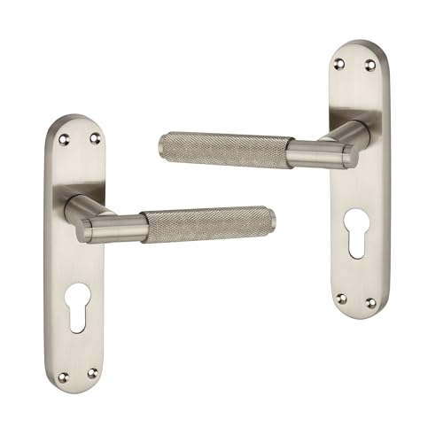 Infinity Decor Pair of Modern Knurled Lever on Backplate Euro Lock Door Handles Set - for Interior & Exterior Door (Satin Nickel)