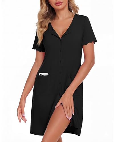 Image of ZOOSIXX Nightgowns for Women - Short Sleeve Sleepwear Button Up Pajamas for Women V-Neck Sleepwear Dress with Pockets