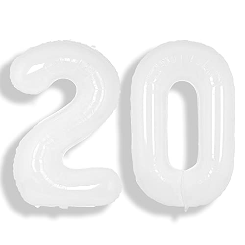 Image of SUWEN 40 Inch White Large 20 Number Balloons Big Foil Helium Number Balloons 0-9 Giant Jumbo Happy 20th Birthday Party Decorations for Men or Women Huge Mylar Anniversary Party Supplies