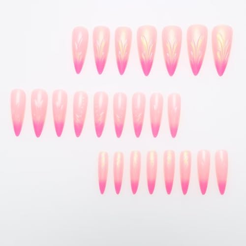 Image of Pink Ombre French Tip Press on Nails Long Stiletto Fake Nails 3D Swirl False Nails with Design Glossy Glue on Nails Artificial Acrylic Full Cover Nude Stick on Nails for Women Summer Manicure 24Pcs