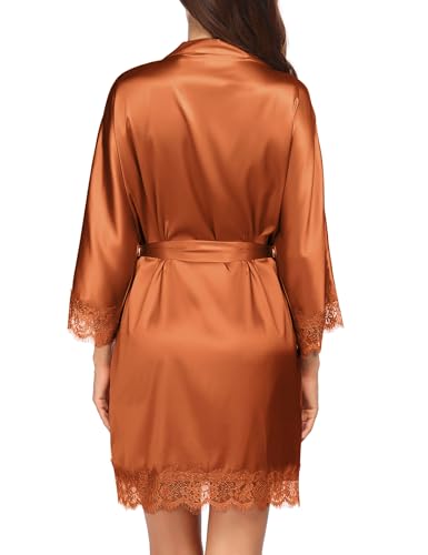 Image of Ekouaer Womens Silk Robes Short Lace Trim Satin Bride Bathrobe with Pockets