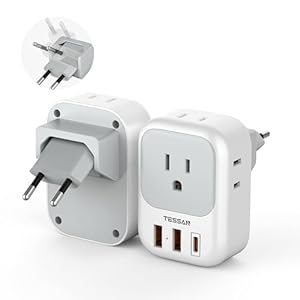 European Travel Plug Adapter 2 Packs, TESSAN Europe Adaptor with 4 Outlets 3 USB(1 USB C PD 20W), Foldable Plug Type C Adapter for US to Spain France Italy Germany Denmark Iceland, Travel Essentials