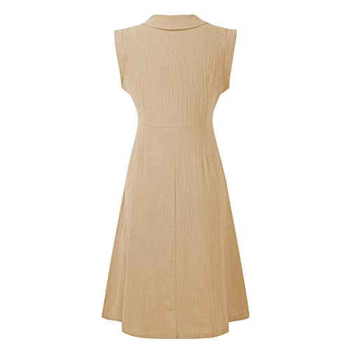 Loijon Mulheres verão vestido de linho de algodão cor sólida v pescoço sem mangas botão bolso casual
