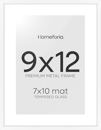 Image of Homeforia 9x12 Picture Frame White, High End Metal 9 x 12 Poster Frames with Mat 7 by 10 inch Photo, 9by12 Frame Matted to 7x10 in Art, 12x9 Wall or Tabletop Frames, Tempered Glass, Wall Kit, Set of 2