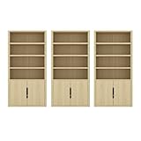 Manhattan Comfort Rivington 79 in Tall Modern Bookshelf with Soft Close Doors, Four Open Shelves and Two Adjustable Shelves, Bookcase Storage Cabinet for Living Room or Office, Set of 3 in Natural Oak