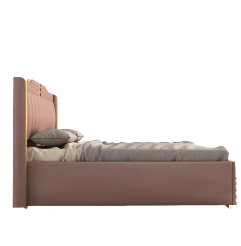 Image of Modern Upholstered Queen Size Bed with Storage | Double Bed with Box Storage & Upholstery Premium Fabric Headboard | Platform Bed for Bedroom & Hotel | Sheesham Wood | Onion Pink, 6.5 x 5 Ft