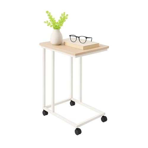 Table d'appoint Relaxdays, roulettes, 68 x 50 x 35 cm, MDF/métal, Forme en C glissable sous Le canapé, Marron/Blanc