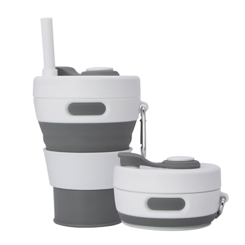 UNNESTAR Collapsible Camping Cup with Straw Silicone Folding Coffee Cup Sport Bottle Portable Travel Outdoor Car 16oz 20oz (Grey)