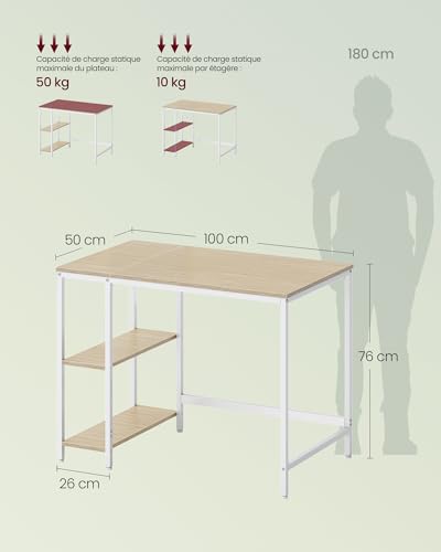 Bureau ordinateur 100x50 étagères amovibles LWD046L01 VASAGLE