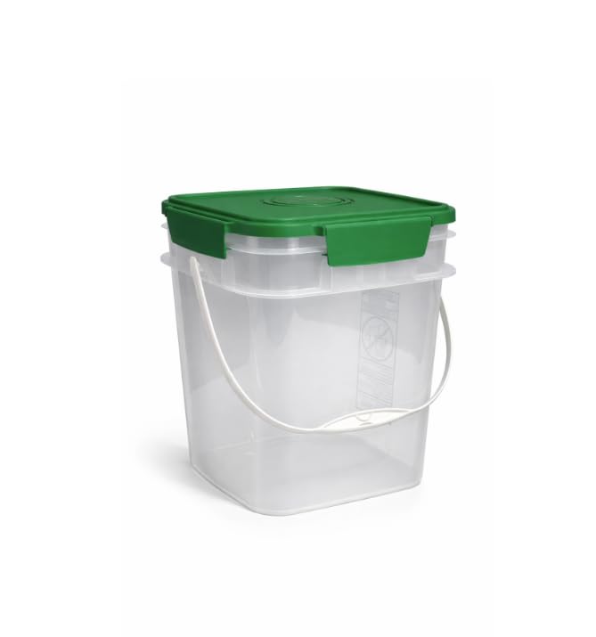 Image of House Naturals 4 Gallon Square Food Grade Bucket Pail with Plastic Handles and Lid (Pack of 3) Made in USA containers (4G SQ Clear - Green lids)