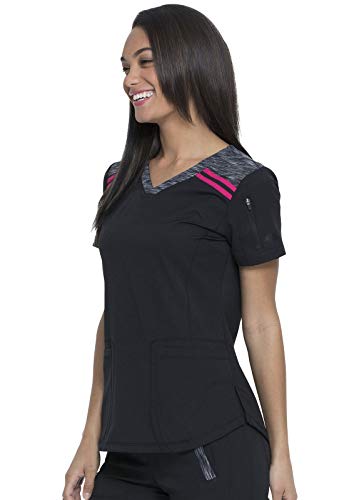 Dickies Dynamix Womens Tops, Athletic-Inspired Mélange V-Neck Scrub Top With Four-Way Stretch And Moisture Wicking Dk740, S, Black/Hot Pink #TOP5