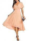 Ever-Pretty Women's Formal Wedding Guest Dress V-Neck Ruffle Sleeve Chiffon Gown with Flowy High-Low Hem in Bridesmaid Prom Peach 14