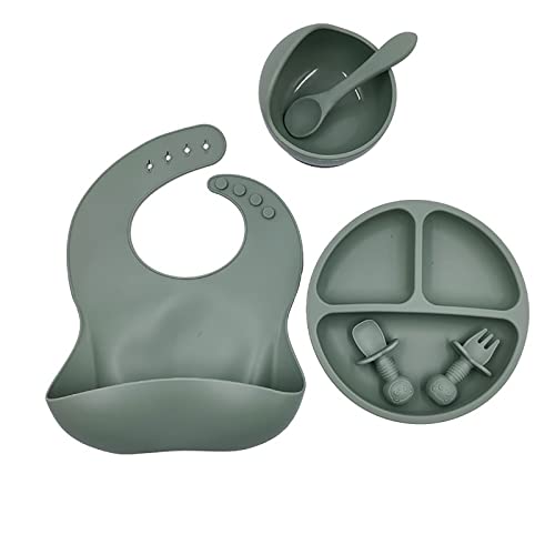 Image of Silicone Baby Plate Feeding Bowl Set 6 Pack Feeding Supplies For Toddler Utensils Silicone Feeding Set With Bib, Spoons, Bowl, Baby Plate Dishwasher-safe Feeding Kit (set-olive-green)