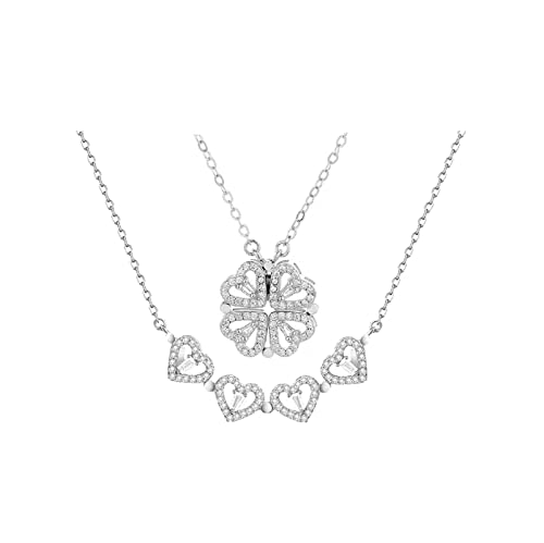 Lam Sence Sterling Silver Heart Shaped and Four Leaf Clover Convertible Pendant Necklace Crystals Jewelry for Women (WhiteGold)