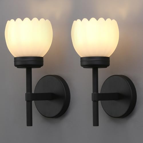 Image of Yosoan Brass Boho Indoor Vintage Wall Sconce Set of 2, Modern Vanity Finished Industrial Hardwired Wall Mounted with Milk Transparent Tulip Flower Shade for Living Room Bedroom Kitchen Hallway(Black)