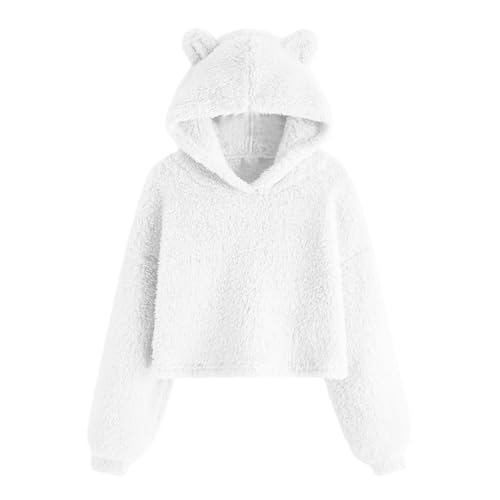 Image of Flodxo Teenage Girls Hoodies Teddy Fleece Sweatshirts Casual Double Fuzzy Fluffy Jumper Solid Warm Stylish Pullover Soft Cozy Plush Long Sleeve Tops & Shirts for Kids 7-12 Years White