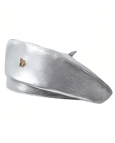 MOSSTYUS PU Leather Berets for Women Lady Girl Berets Hat French Style Beanies Artist Painter Cap Dress Beret Artist Hat Silver