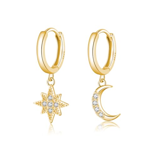 Reffeer Solid 925 Sterling Silver Moon Star Dangle Earrings Hoop for Women Teen Girls CZ Moon Star Hoop Earrings Huggie Dangle Earrings Asymmetrical