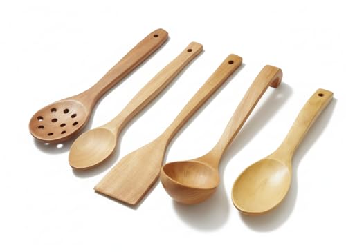 Doğal Ahşap 5 Parça Mutfak Gereçleri Seti, Yemek Pişirme ve Servis Seti, Kaşık, Spatula, Kevgir, Servis Kaşığı, Pilav kaşığı, Sağlıklı, Dayanıklı ve Şık Tasarım