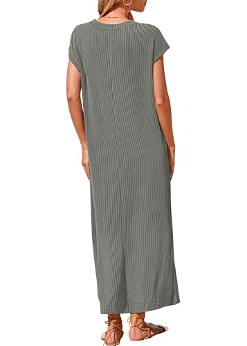 Image of KIRUNDO Womens Summer Ribbed Knit Short Sleeve Maxi Dress | 2026 Spring Henley Button Up Knitted Tshirt Dress, Loose Beach Vacation Sundress, Teacher Dress, Loose Fit Nursing Friendly