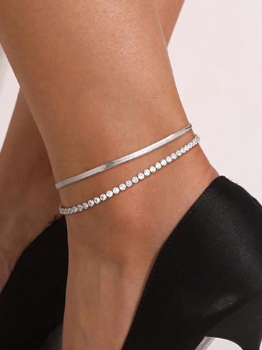 Image of FindChic Black /Silver /Gold Plated Anklets Set of 2PCS /3PCS Herringbone Chain Cuban Link Heart Charm Sparkling Tennis Ankle Bracelets, Waterproof Summer Foot Jewelry for Beach